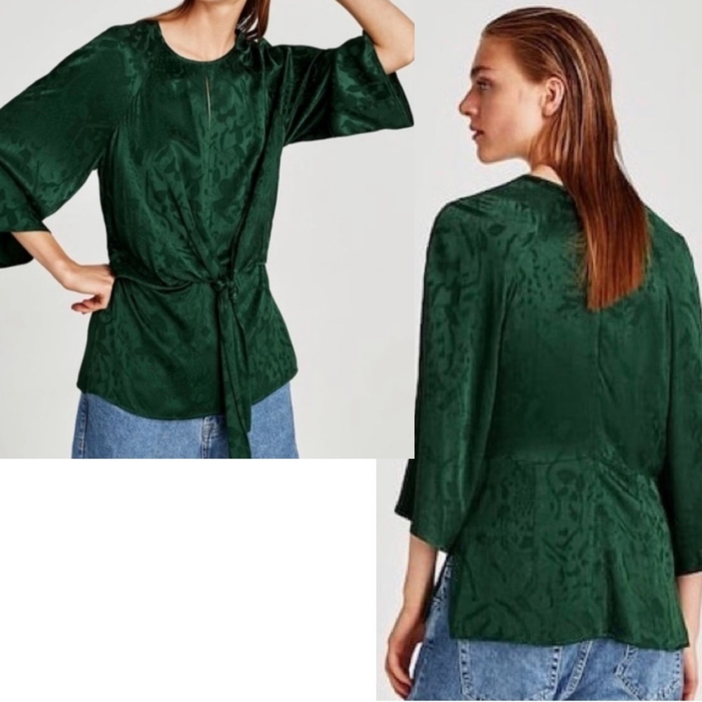 Zara Green Jacquard Front Knot Blouse XL NWOT